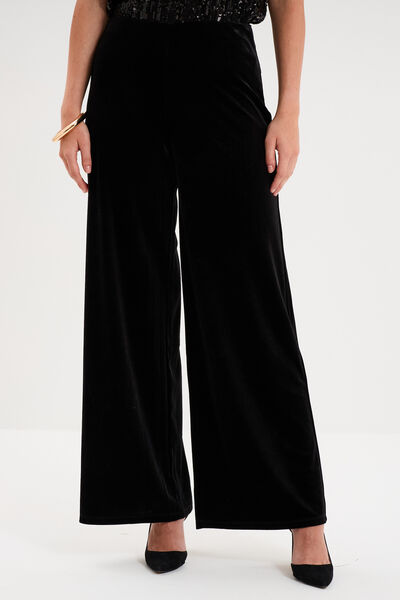 Pantalon large en velours taille haute noir femme