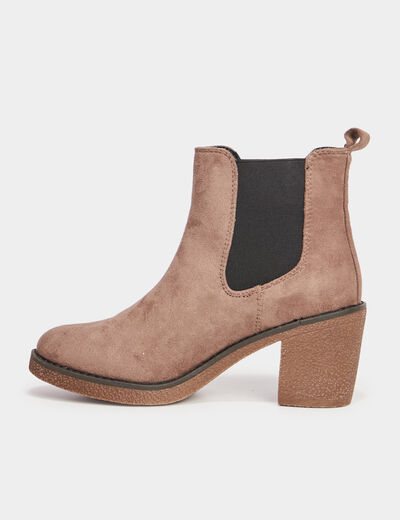 Bottines chelsea &agrave; talons aspect su&eacute;dine taupe femme