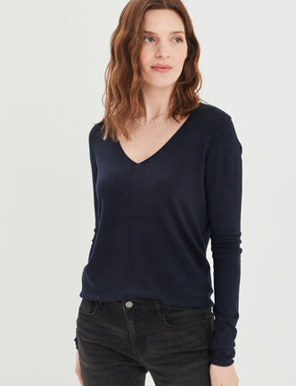 Pull ajusté avec col en V bleu marine femme