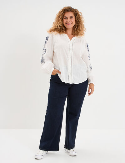 Blouse manches brodées col tunisien blanc femme grande taille
