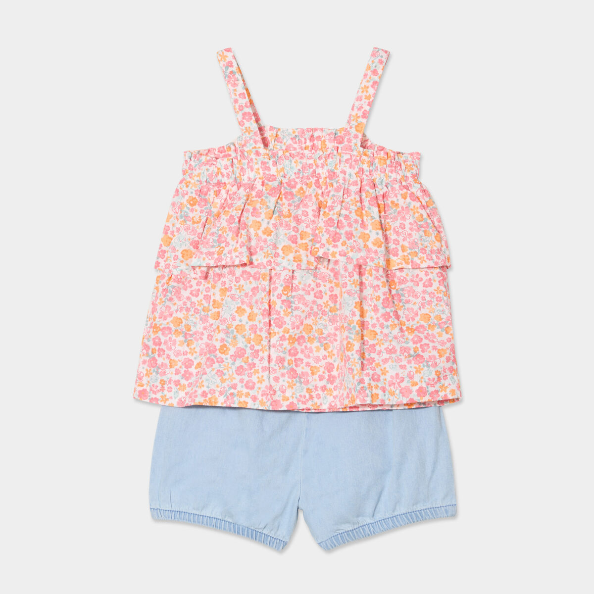 Ensemble d&eacute;bardeur et short coton rose corail b&eacute;b&eacute; fille