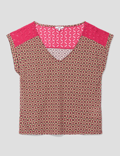 T-shirt dentelle épaules et dos rose fushia femme