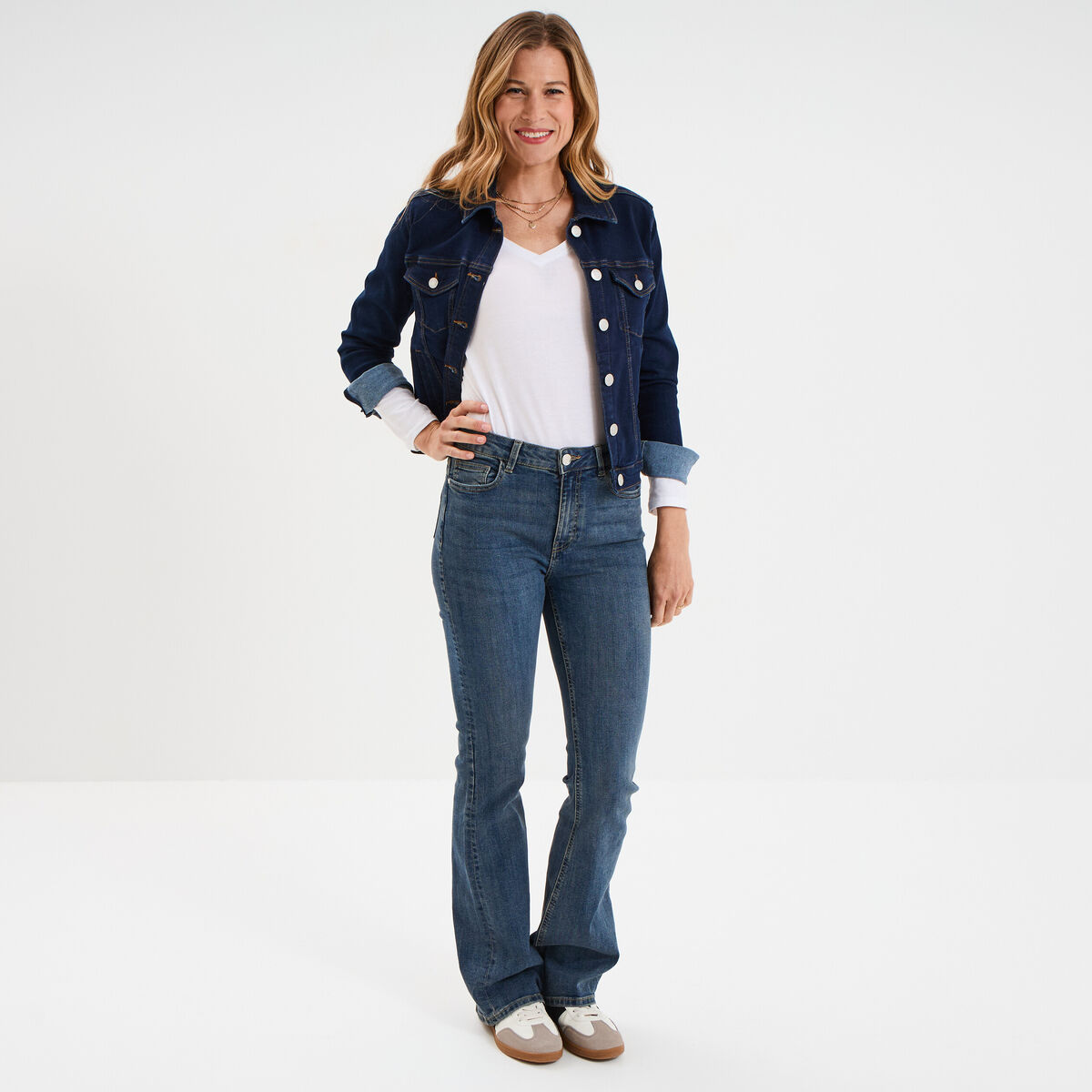 T-shirt col en V manches longues coton blanc femme