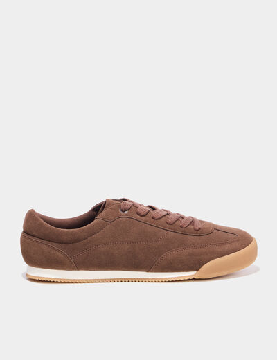 Tennis basses &agrave; lacets effet su&eacute;dine marron homme