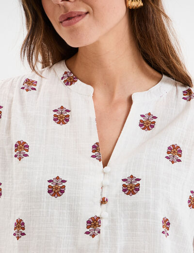 Blouse col tunisien manches 3/4 coton blanc femme