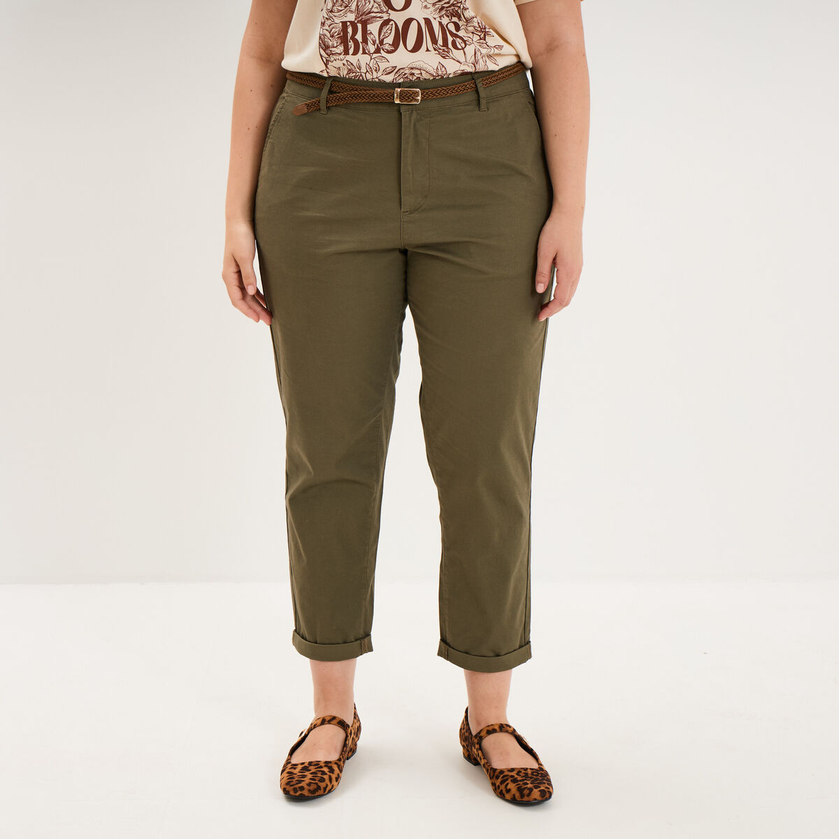 Pantalon chino taille haute coton vert kaki femme grande taille
