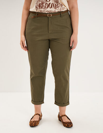 Pantalon chino taille haute coton vert kaki femme grande taille