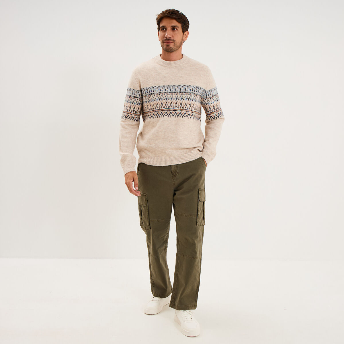 Pull jacquard col rond manches longues ecru homme