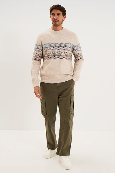 Pull jacquard col rond manches longues ecru homme