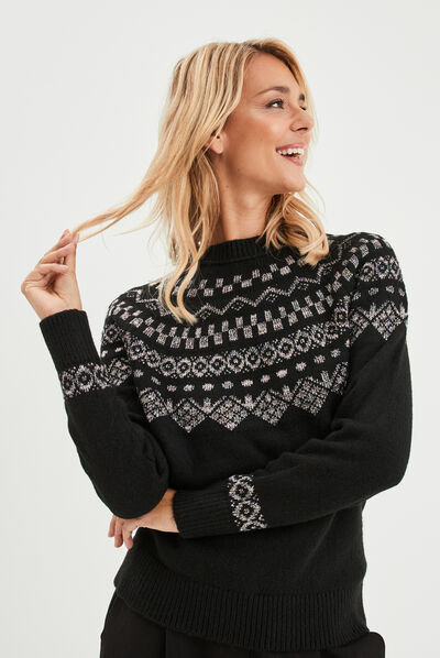 Pull jacquard fils métallisés Liberto noir femme