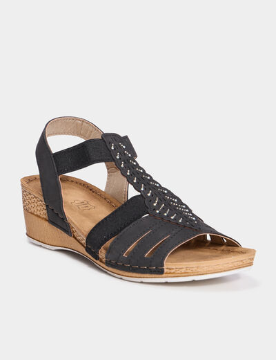 Sandales compensées pied large noir femme