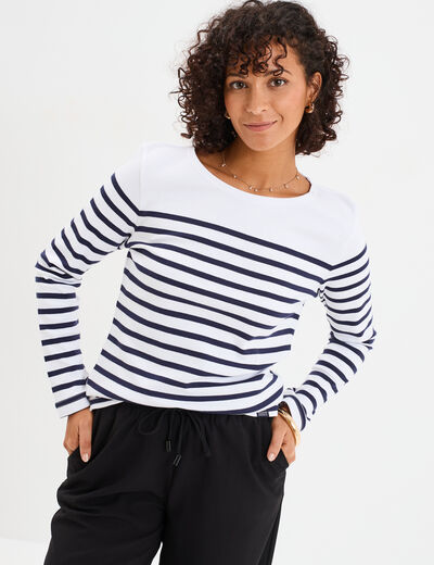 T-shirt marini&egrave;re manches longues coton blanc femme