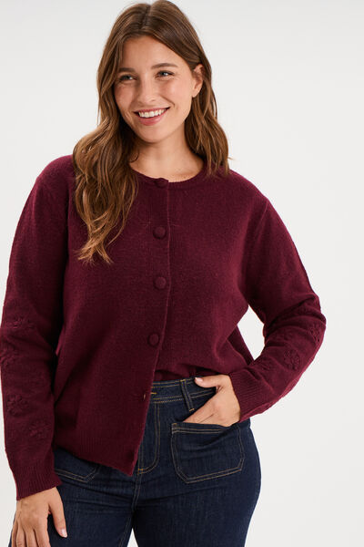 Gilet col rond manches longues boutonn&eacute; violet fonc&eacute; femme grande taille