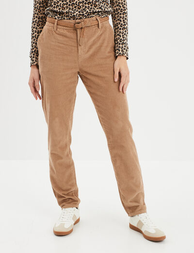Pantalon chino ceinturé effet velours beige femme