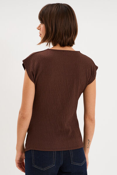T-shirt fronc&eacute; gaufr&eacute; manches courtes marron fonc&eacute; femme