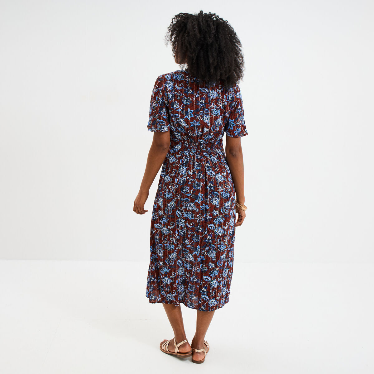 Robe longue empire taille smock&eacute;e marron femme