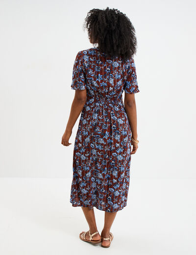Robe longue empire taille smock&eacute;e marron femme