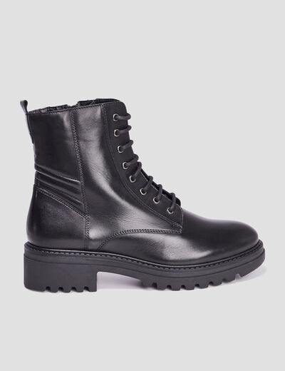 Bottines crant&eacute;es &agrave; lacets en cuir noir femme