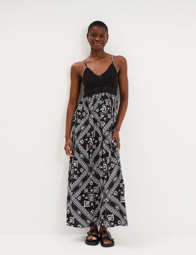 Robe longue buste effet crochet noir femme