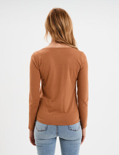 T-shirt coton col rond manches longues marron clair femme