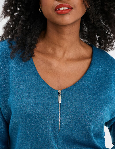 Pull chauve-souris col en V détail zippé bleu pétrole femme