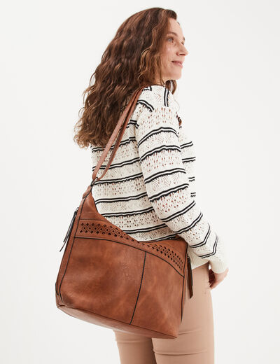 Sac seau avec perforations marron cognac femme