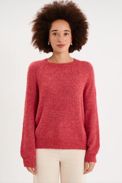 Pull col rond manches longues rose cerise femme
