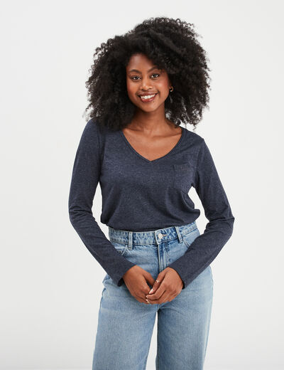 T-shirt manches longues 1 poche Creeks bleu marine femme
