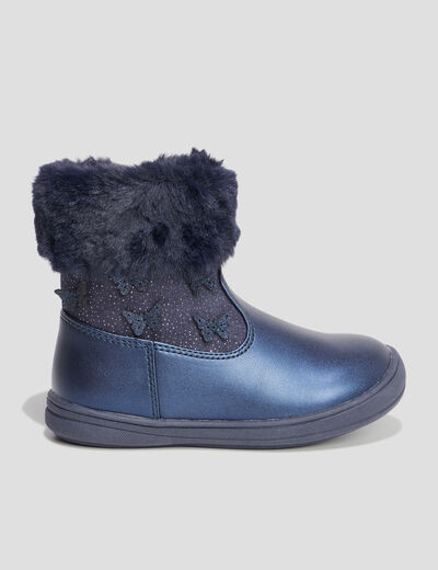 Bottines à paillettes et col fourré bleu marine fille