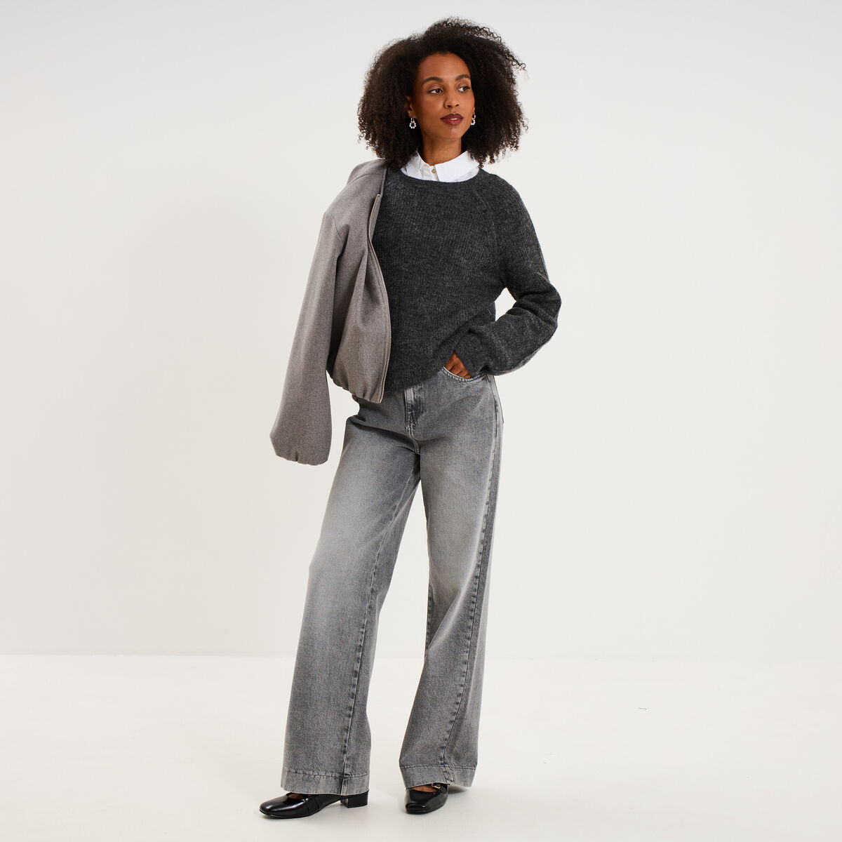 Pull col rond manches longues gris fonc&eacute; femme