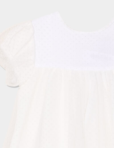 Robe tulle plumetis manches courtes blanc bébé fille