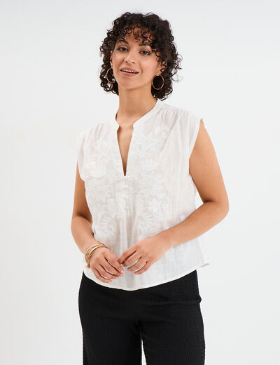 Blouse col tunisien sans manches coton blanc femme