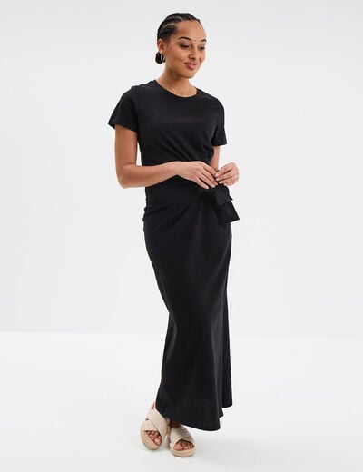 Robe midi taille effet noué coton noir femme