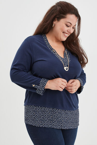 Pull col bijou effet 2-en-1 manches 3/4 bleu marine femme grande taille