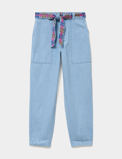 Jean mom cropped taille haute &agrave; ceinture denim triple stone femme