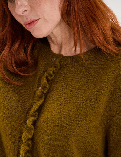 Gilet col rond &agrave; volants boutonn&eacute; vert olive femme