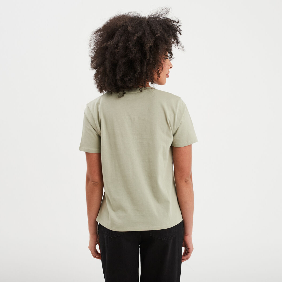 T-shirt col rond manches courtes coton vert kaki femme