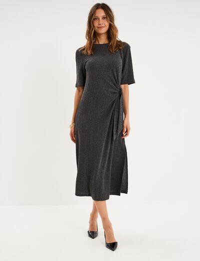 Robe longue gaufr&eacute;e noeud c&ocirc;t&eacute; gris fonc&eacute; femme