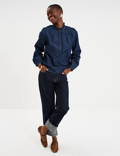 Blouse en jean col montant &agrave; volants denim brut femme