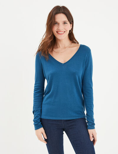 Pull ajusté avec col en V bleu foncé femme