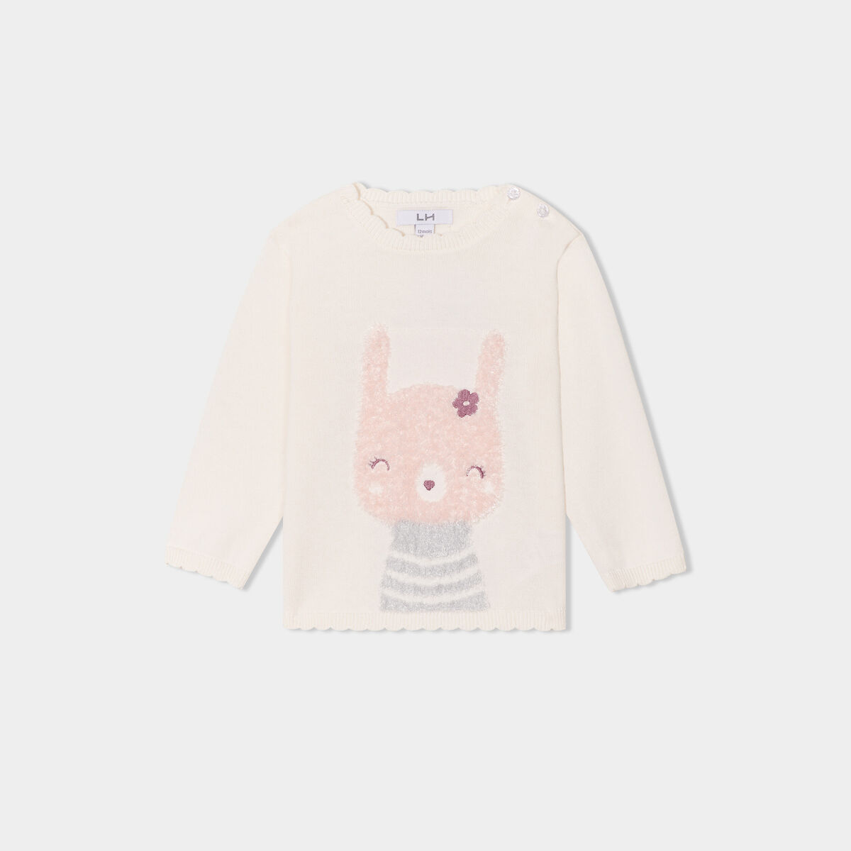 Pull manches longues bord festonné coton creme bébé fille