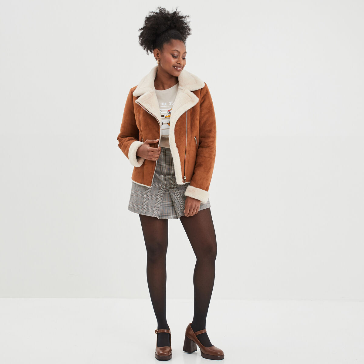 Veste col aviateur zipp&eacute;e doubl&eacute;e camel femme