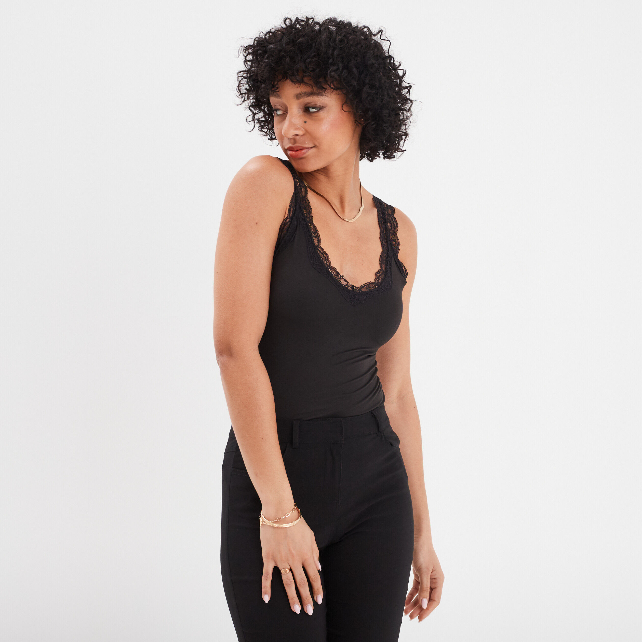 Débardeur détail dentelle ajusté noir femme LH