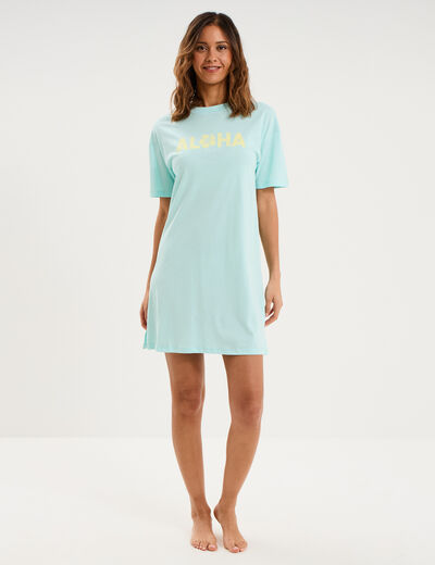 Chemise de nuit manches courtes coton bleu turquoise femme