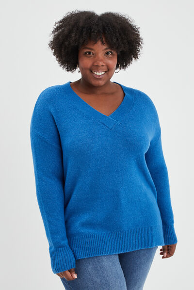 Pull col en V manches longues bleu femme grande taille