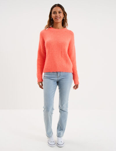 Pull col rond manches longues rose fluo femme