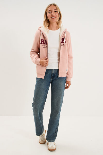 Sweat &agrave; capuche doublure effet sherpa rose poudr&eacute;e femme