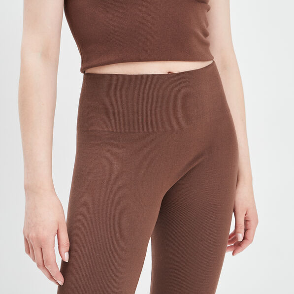 Legging taille haute côtelé marron clair femme