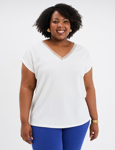 T-shirt bandes dentelle col en V blanc femme grande taille
