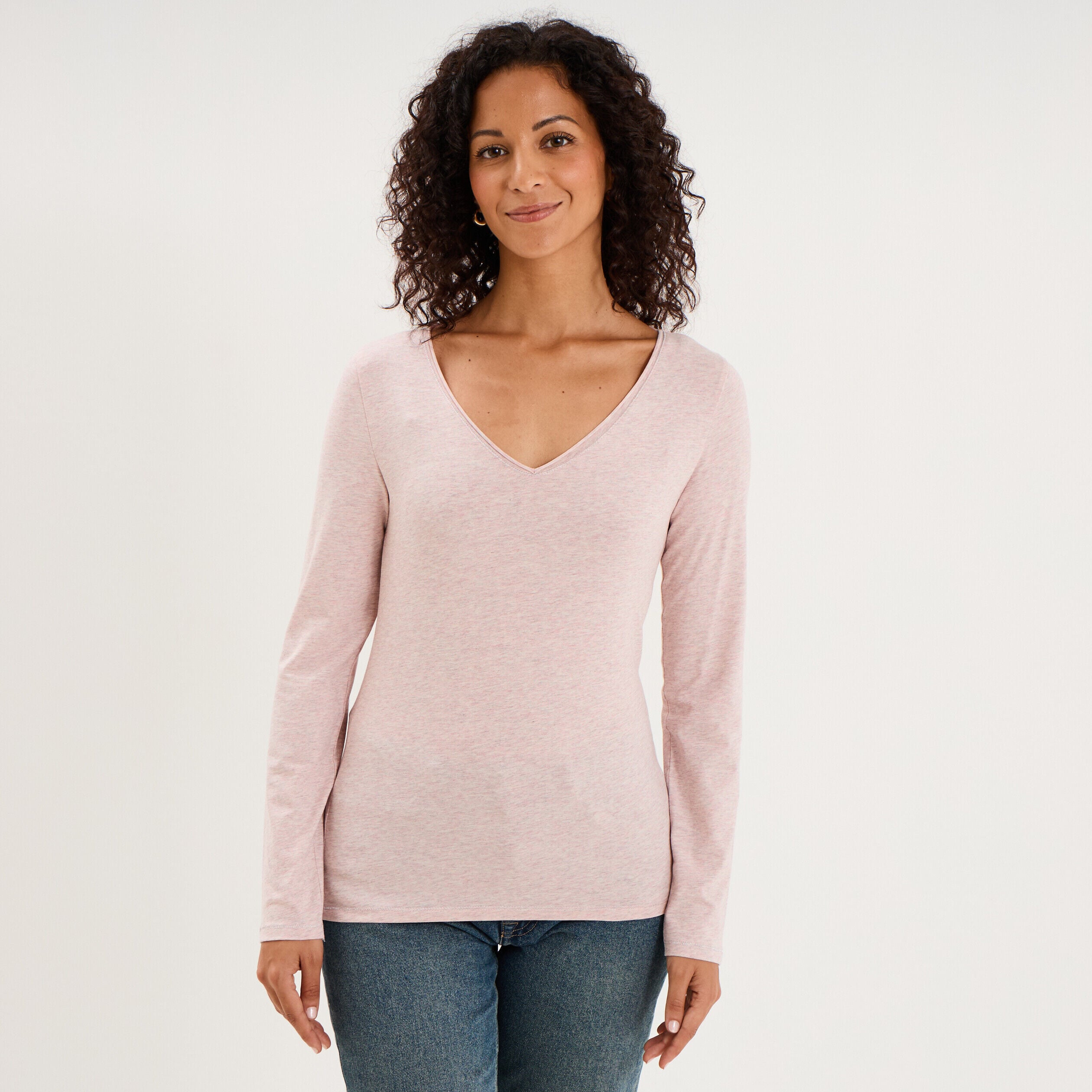 T-shirt manches longues col en V coton rose clair femme LH